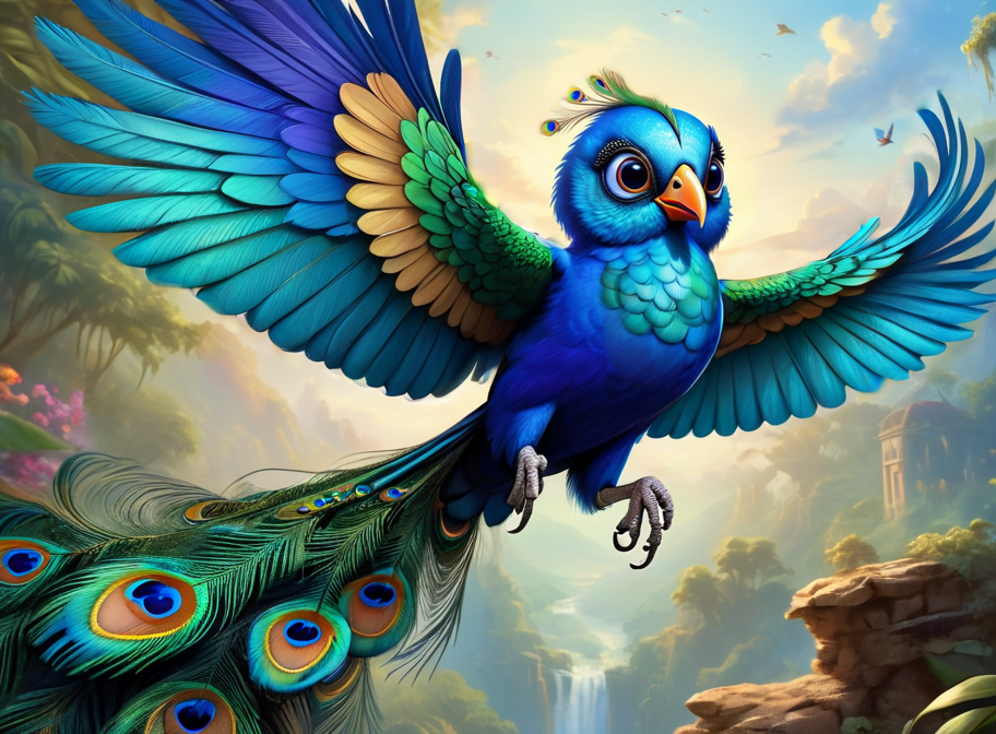 Fantasy AI image of flying peacock